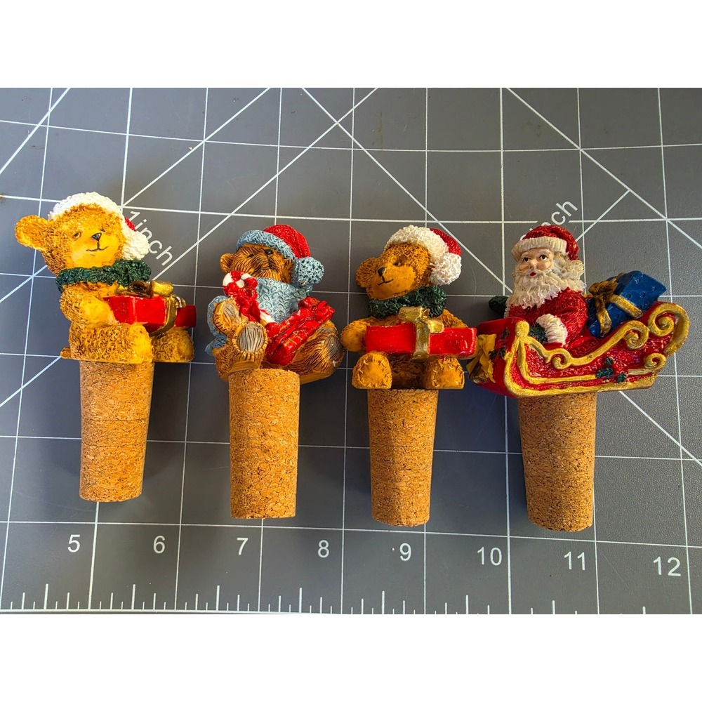 Vintage Christmas Wine Bottle Stoppers Set 4 Santa Claus Teddy Bear Resin Cork